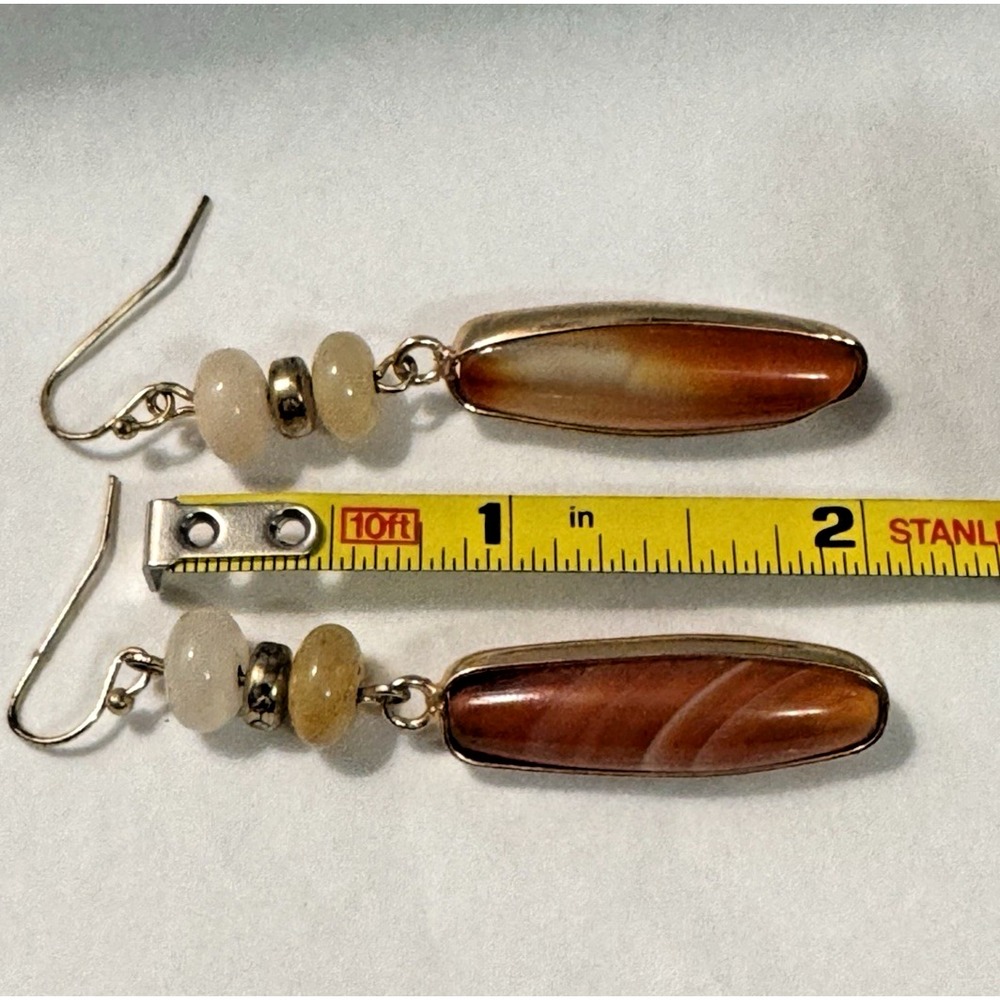 Gold Tone Carnelian Carmel Banded Wrapped Agate Dangle Earrings Boho Chic